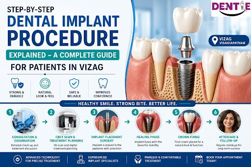 Step-by-step dental implant procedure infographic showing consultation, CBCT scan, implant placement surgery, healing phase, crown fixing, and aftercare for patients in Vizag with a detailed 3D dental implant illustration.