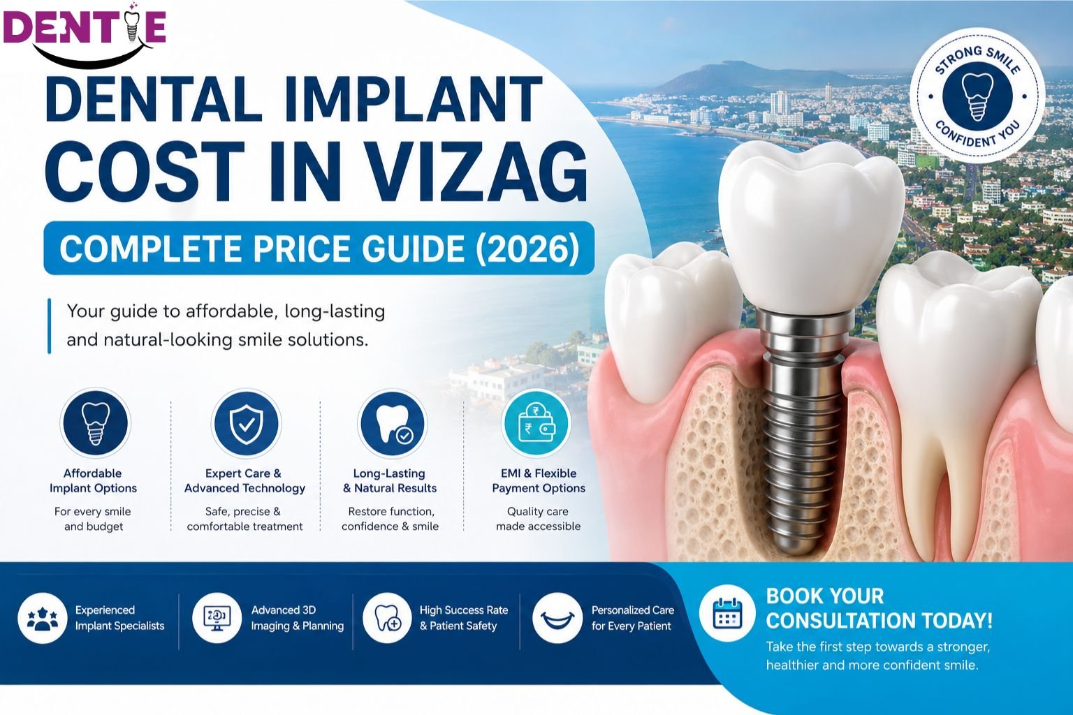 Dental implant cost in Vizag 2026 hero banner showing advanced dental implant treatment, affordable pricing, expert implant care, EMI options, and modern tooth replacement solutions.